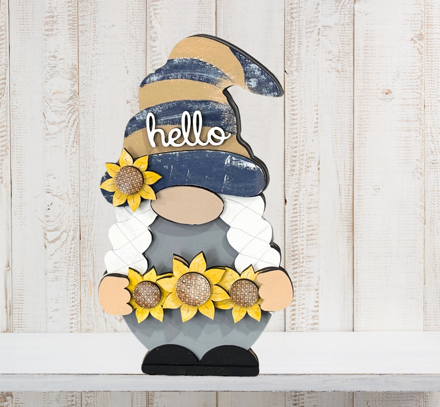 Sunflower Gnome Shelf Sitter – Handmade 8” Wooden Gnome (Male or Female) with Interchangeable Sunflower Outfits