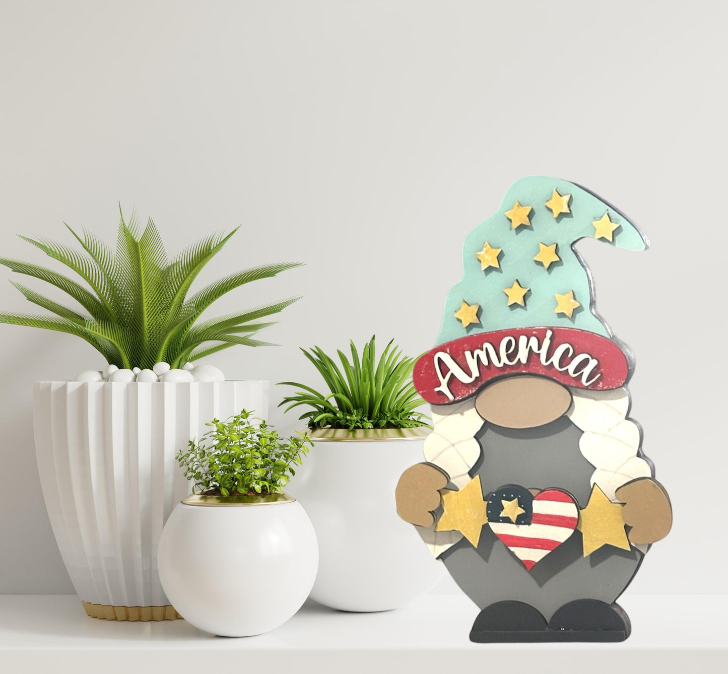 Patriotic Gnome Shelf Sitter – Handmade 8” Wooden Gnome for Independence Day & Memorial Day Interchangeable Outfits