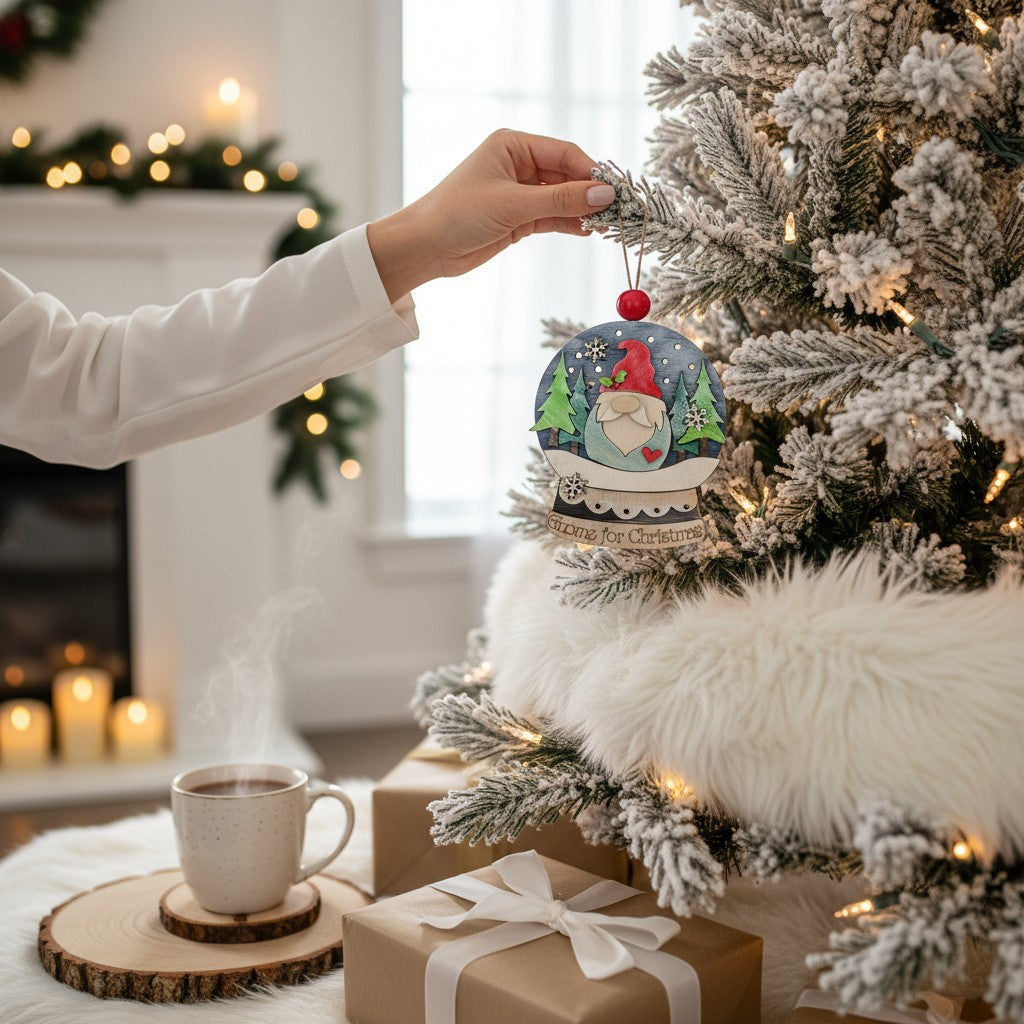 Light-Up Gnome Snow Globe Ornament – Handmade Wooden Christmas Decoration with Timer Twinkle Lights