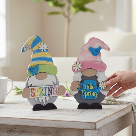 Spring Gnome Shelf Sitter – Handmade 8” Wooden Gnome (Male or Female) with Interchangeable Spring Outfits