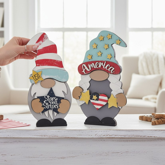 Patriotic Gnome Shelf Sitter – Handmade 8” Wooden Gnome for Independence Day & Memorial Day Interchangeable Outfits