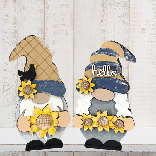 summer sunflower wooden gnome figurines that are wood, handmade and handpainted with interchangeable outfits