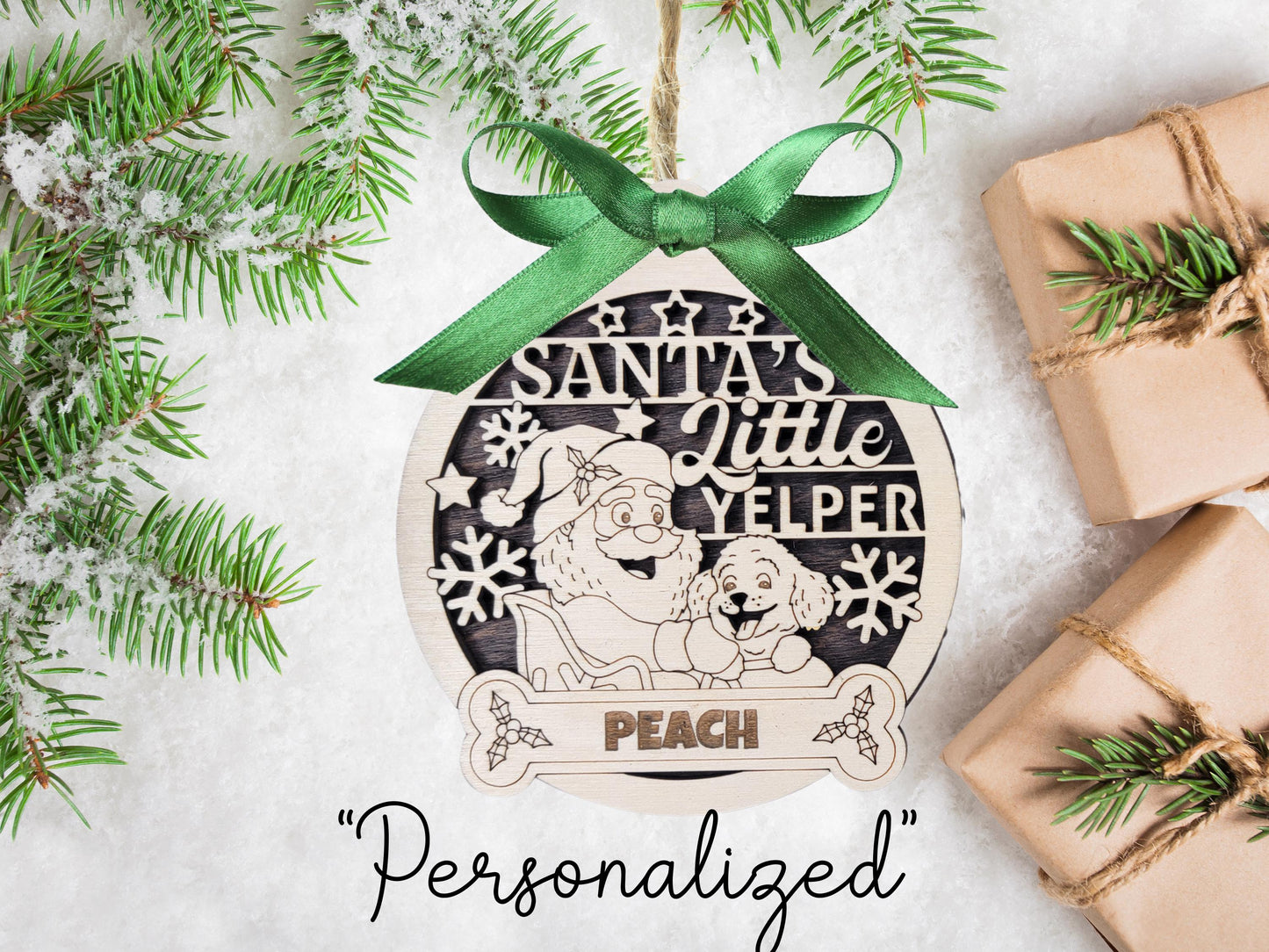 Personalized Dog and Santa Ornament – Custom Pet Name