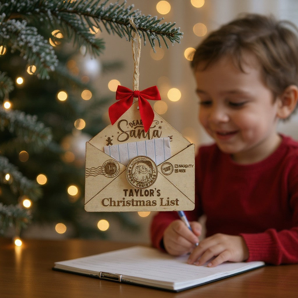 Personalized Santa Letter Ornament – Wooden Envelope Christmas Keepsake with Child’s Name, Gift Boxed, 4 Inch Handmade Decoration