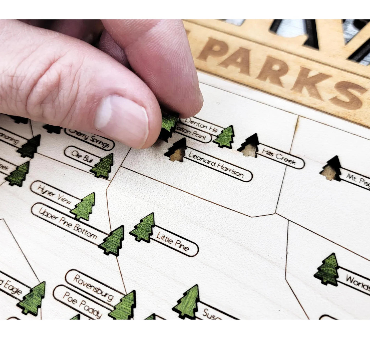Pennsylvania State Park Tracker Map – 12x20 Laser Engraved Wood Wall Art with Tree Icons | Gift-Ready Display with Easel & Free Shipping