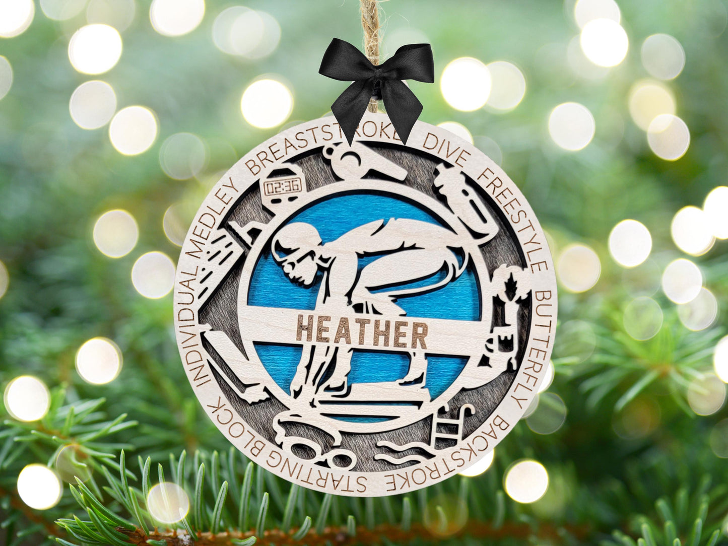 Personalized Swimmer Ornament – Engraved Wooden 4" Keepsake with Name, Year & Event, Gift-Boxed