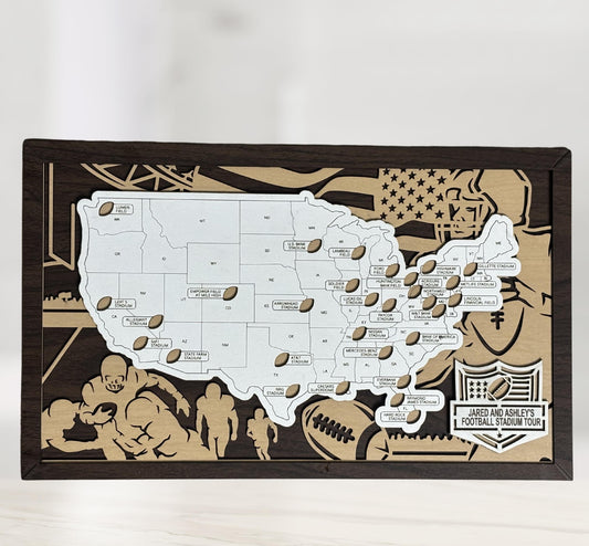 Football Stadium Tracker Map – 12x20 Laser Engraved Wood Wall Art with Custom Team-Inspired Background | Gift-Ready Sports Travel Display