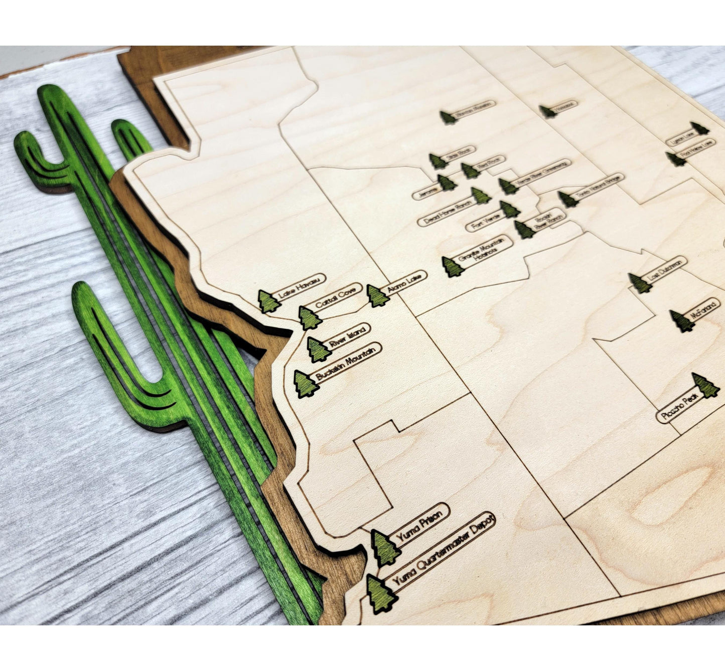 Wooden Arizona State Park map hanging on wall, rustic engraved travel and adventure decor for campers