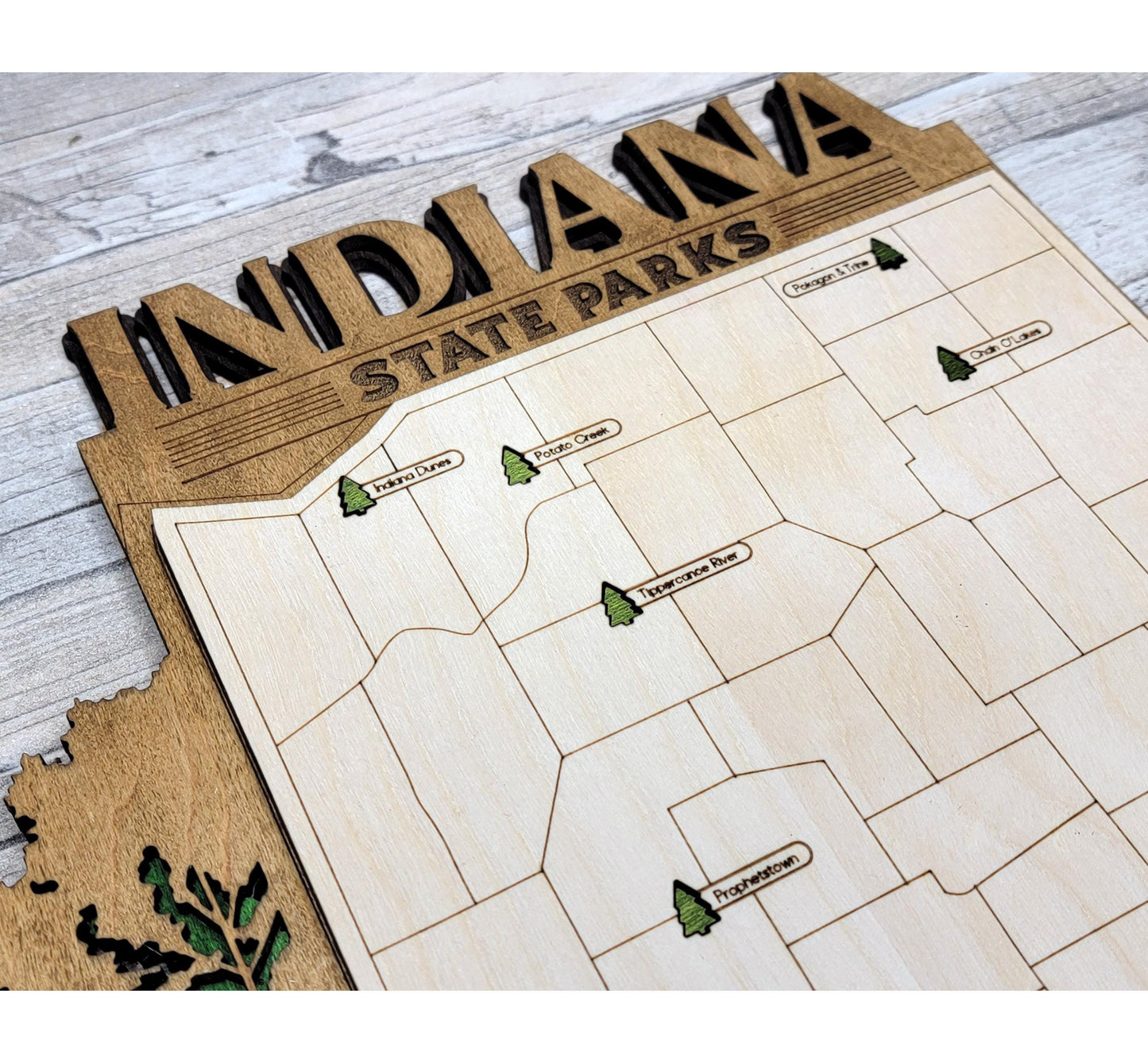 Custom engraved Indiana State Park travel map gift, wooden wall art for national and state park lovers