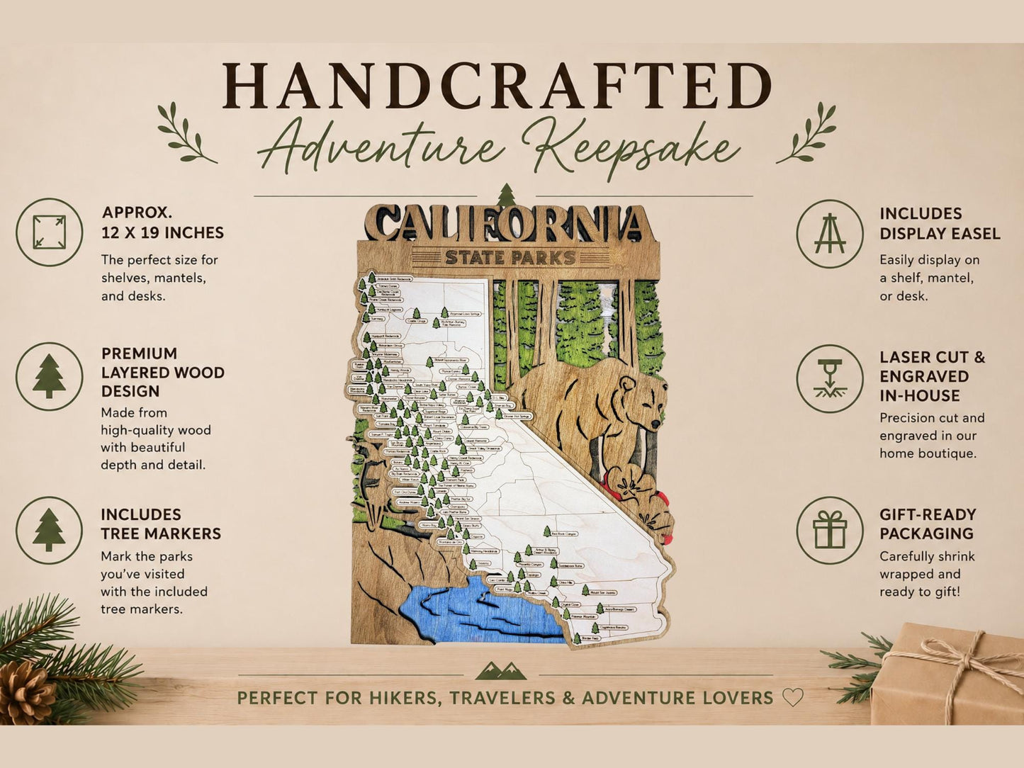 Personalized California State Parks Map | CA Travel Tracker | Layered Wood Adventure Keepsake | Hiking & Camping Gift | California Wall Art