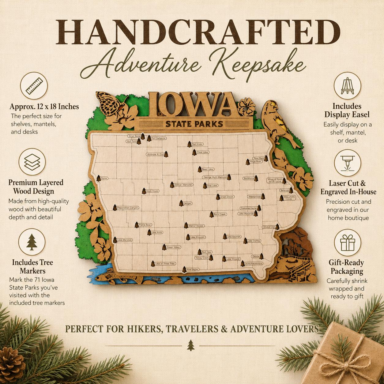 Personalized Iowa State Parks Map | IA Travel Tracker | Layered Wood Adventure Keepsake | Hiking & Camping Gift | Iowa Wall Art