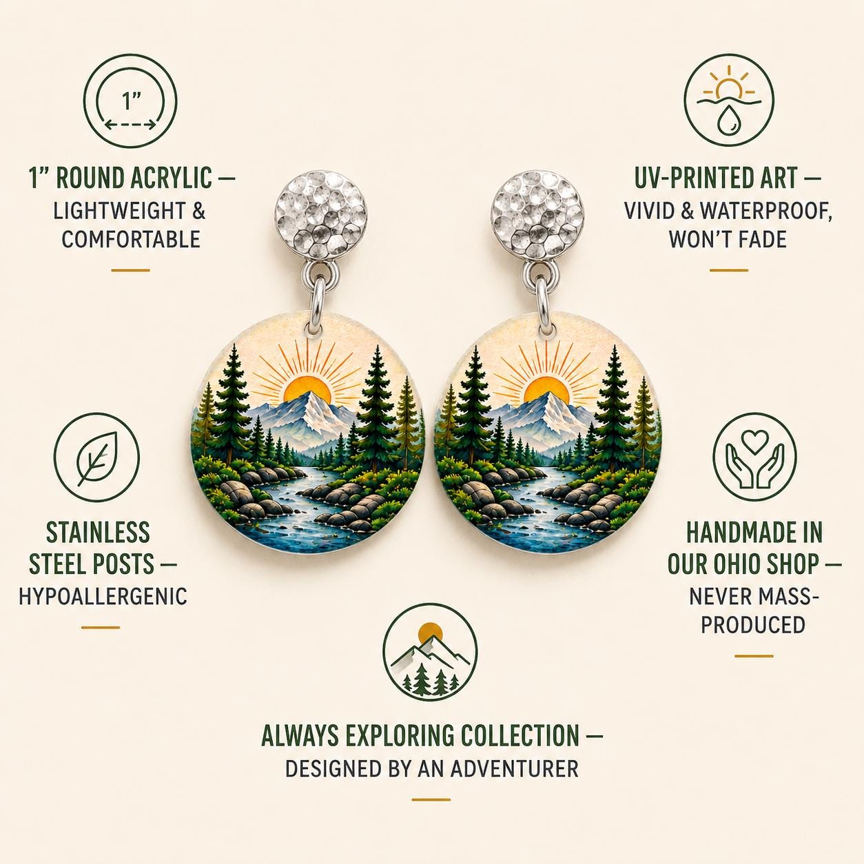 Adventure Earrings, Mountain Sunrise Dangle Earrings, Nature Jewelry, Hiking Gift for Women, Outdoor Nature Lover Gift, Handmade in Ohio