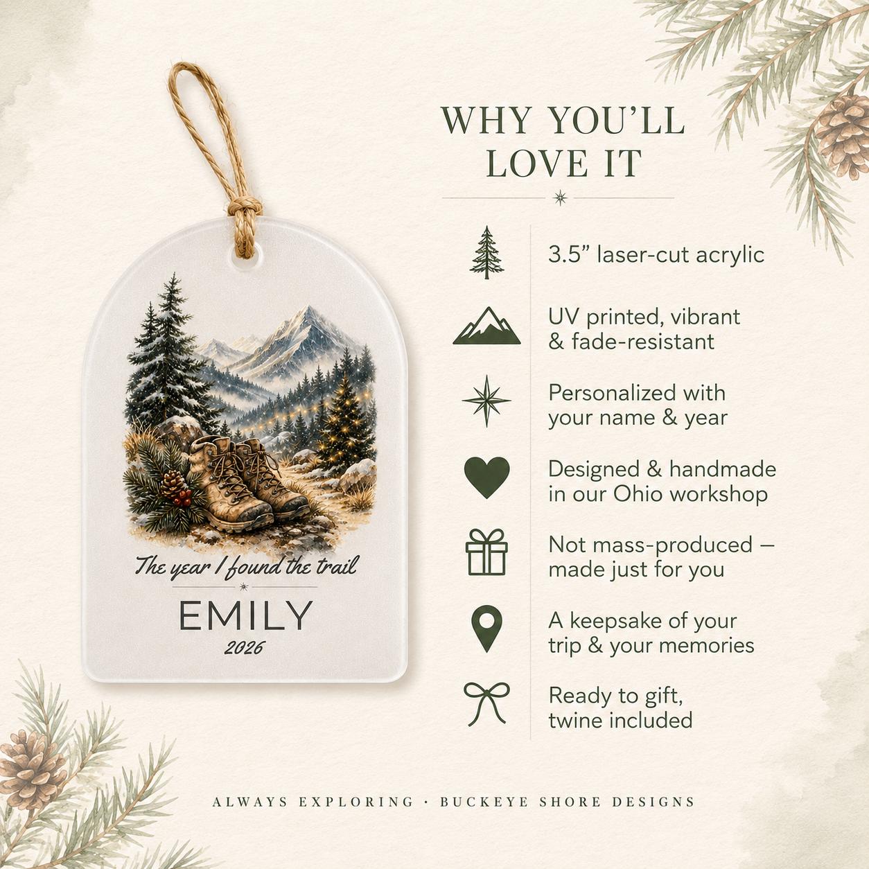 Personalized Hiking Ornament, Custom Hiker Gift, The Year I Found The Trail, Hobby Milestone Christmas Ornament, Hiking Gift