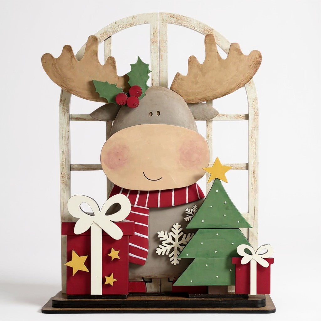 Handmade Rustic Moose Mantle Décor – Wooden Laser Cut & Hand Painted Christmas Shelf Sitter