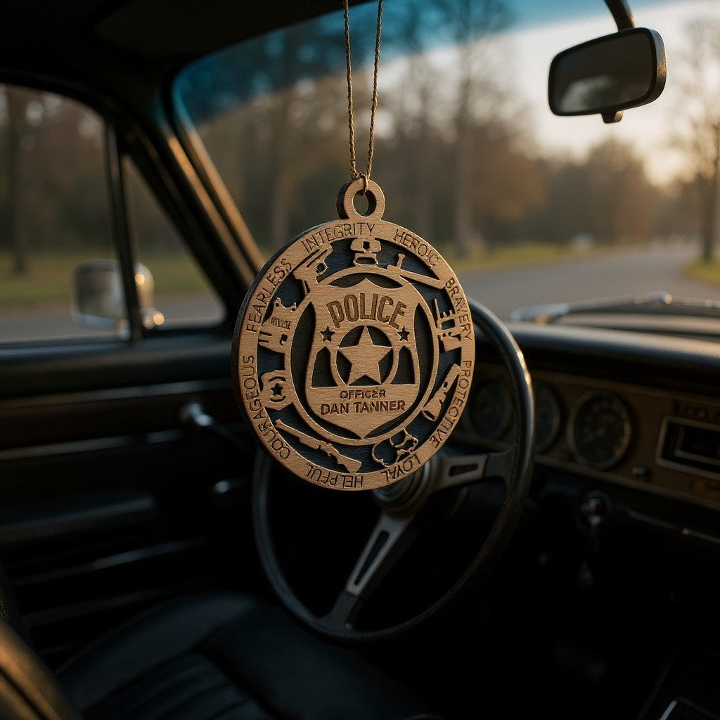 Personalized Policeman Ornament – Custom Wooden Police Badge Christmas Ornament, Handmade & Laser Engraved Gift for Officers