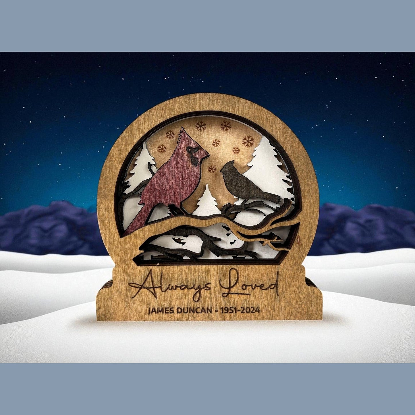 Memorial Christmas Snow Globe – 4.75" Personalized Wooden Engraved Keepsake (Name, Dates, Short Message)