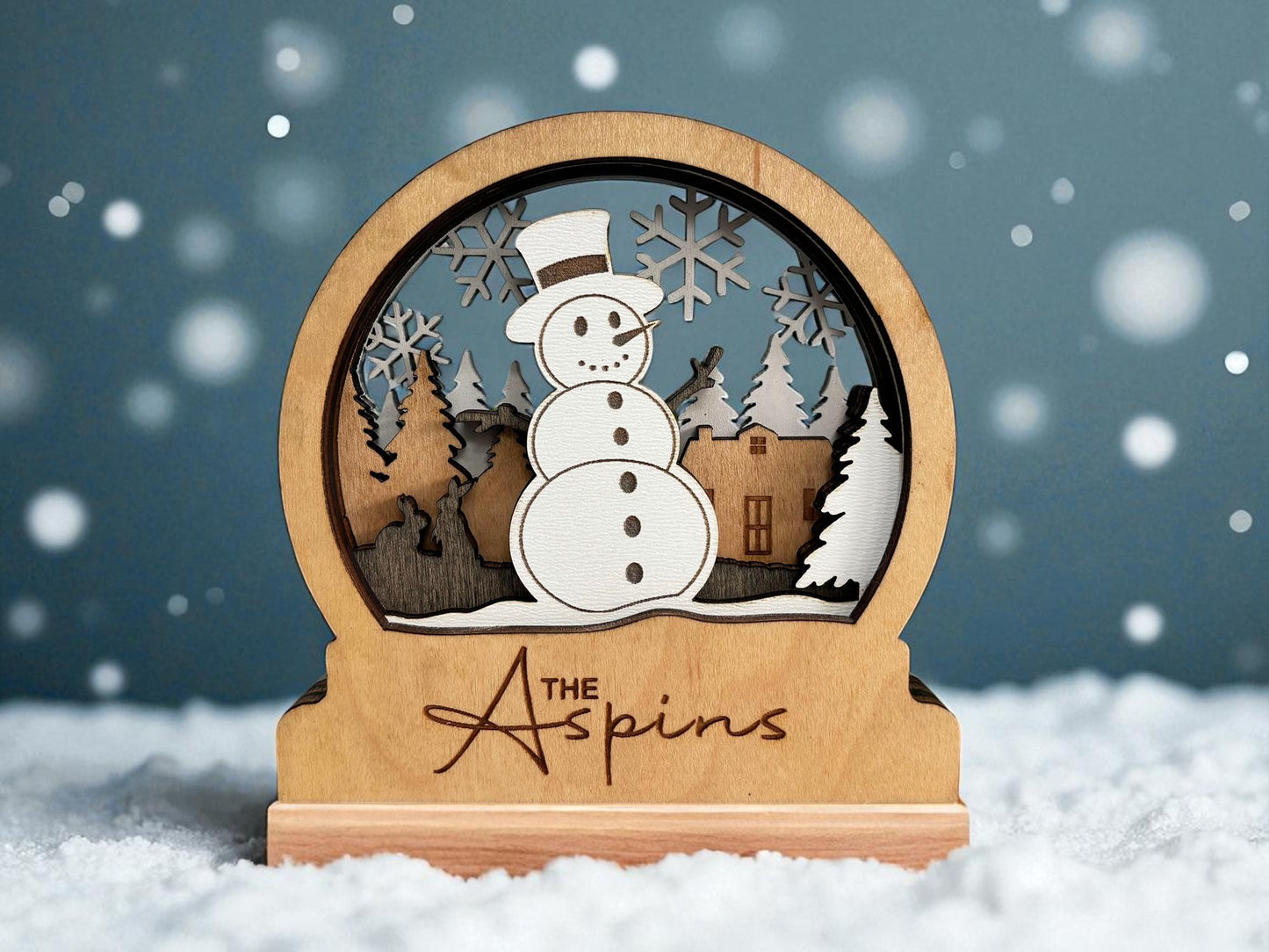 Personalized Wooden Family Snow Globe – 4.75" Custom Engraved Christmas Shelf Decor