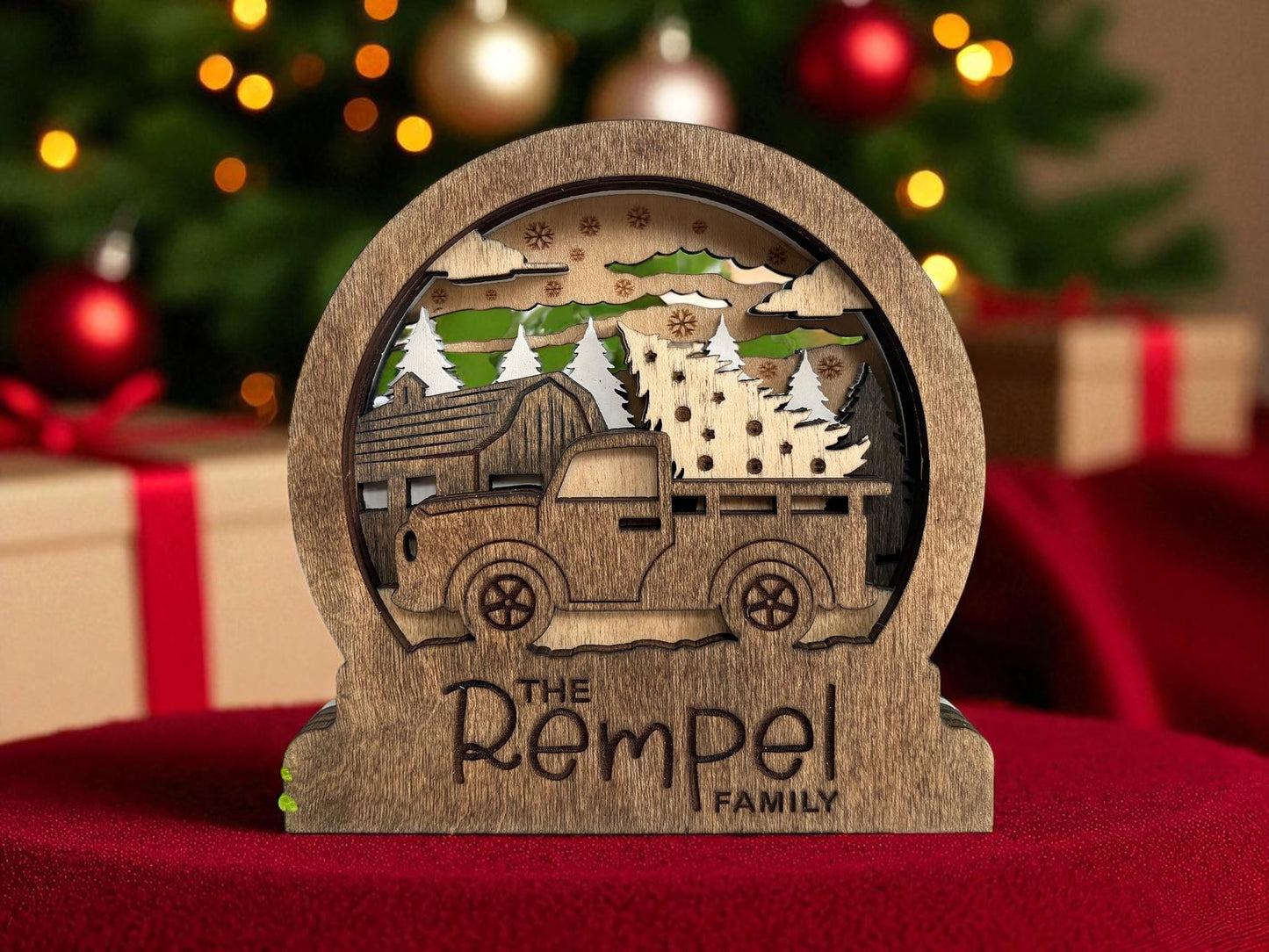 Personalized Wooden Family Snow Globe – 4.75" Custom Engraved Christmas Shelf Decor