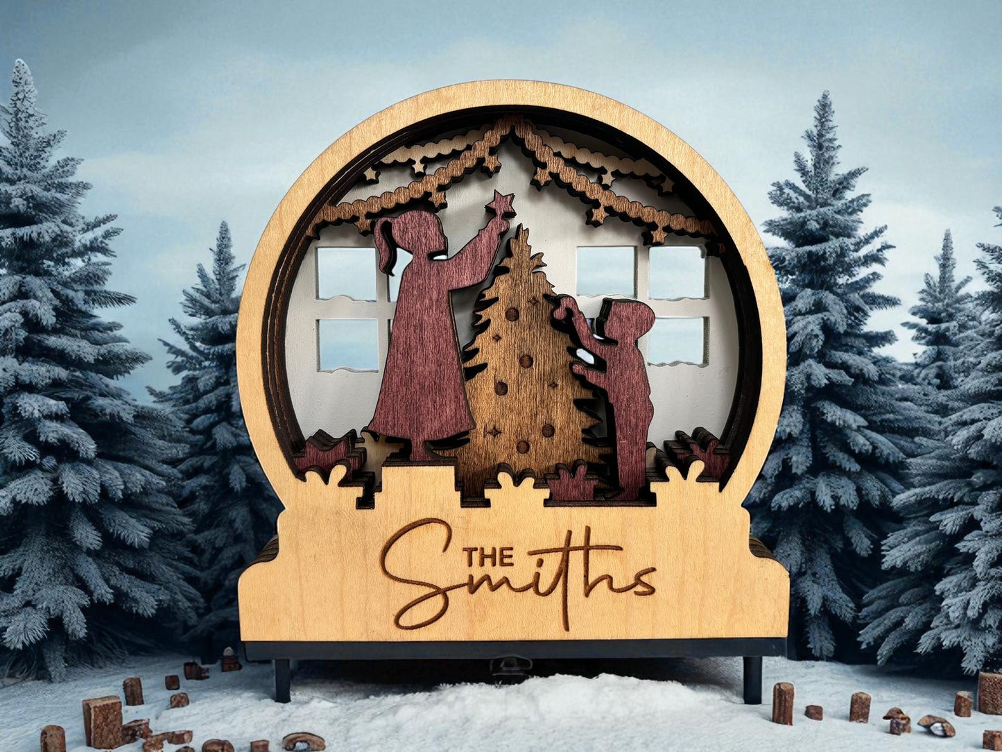 Personalized Wooden Family Snow Globe – 4.75" Custom Engraved Christmas Shelf Decor