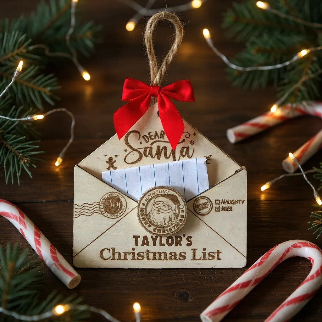 Personalized Santa Letter Ornament – Wooden Envelope Christmas Keepsake with Child’s Name, Gift Boxed, 4 Inch Handmade Decoration