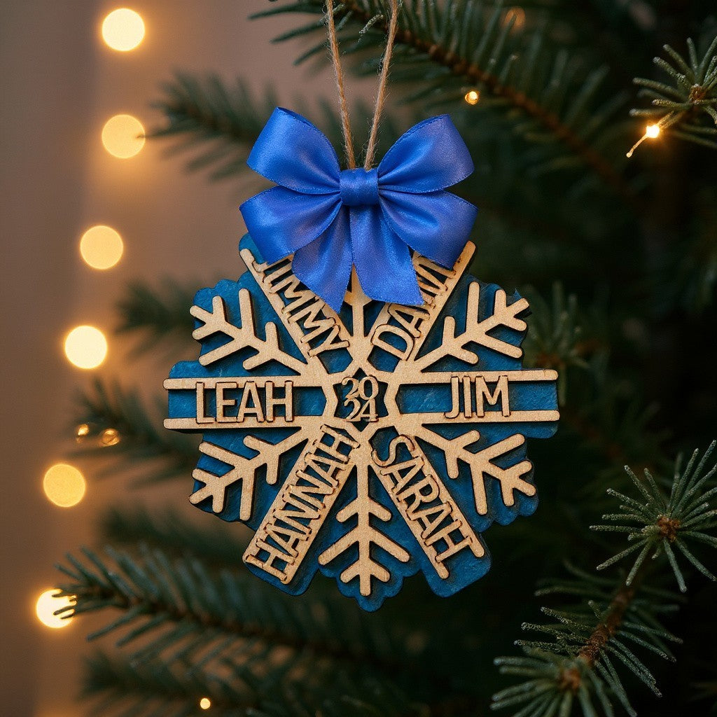 Personalized Family Christmas Ornament – Custom Wooden Snowflake Ornament with Names, Handmade Engraved Holiday Keepsake
