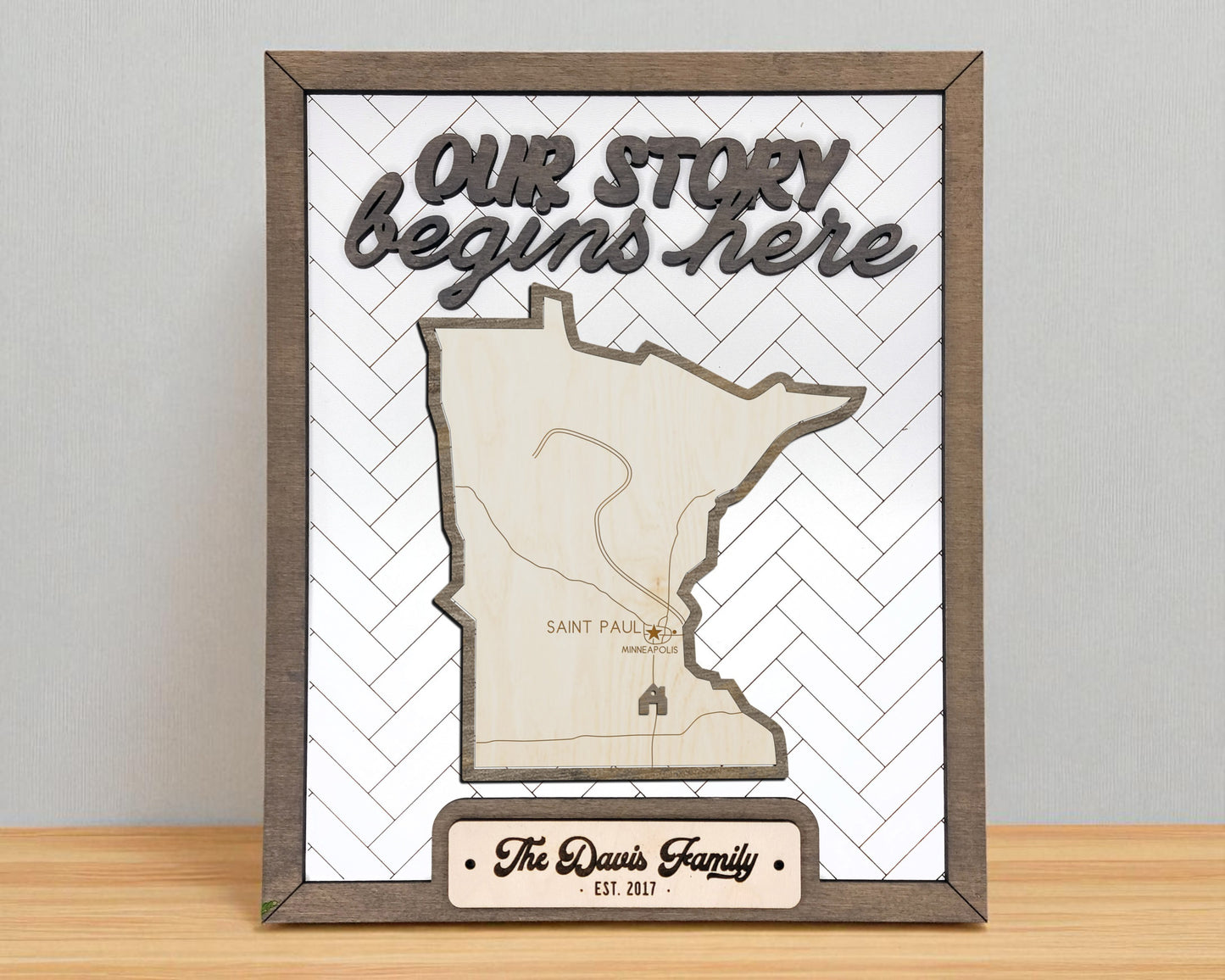 Minnesota Wood Sign – Our Story Begins Here Personalized State Plaque with Easel