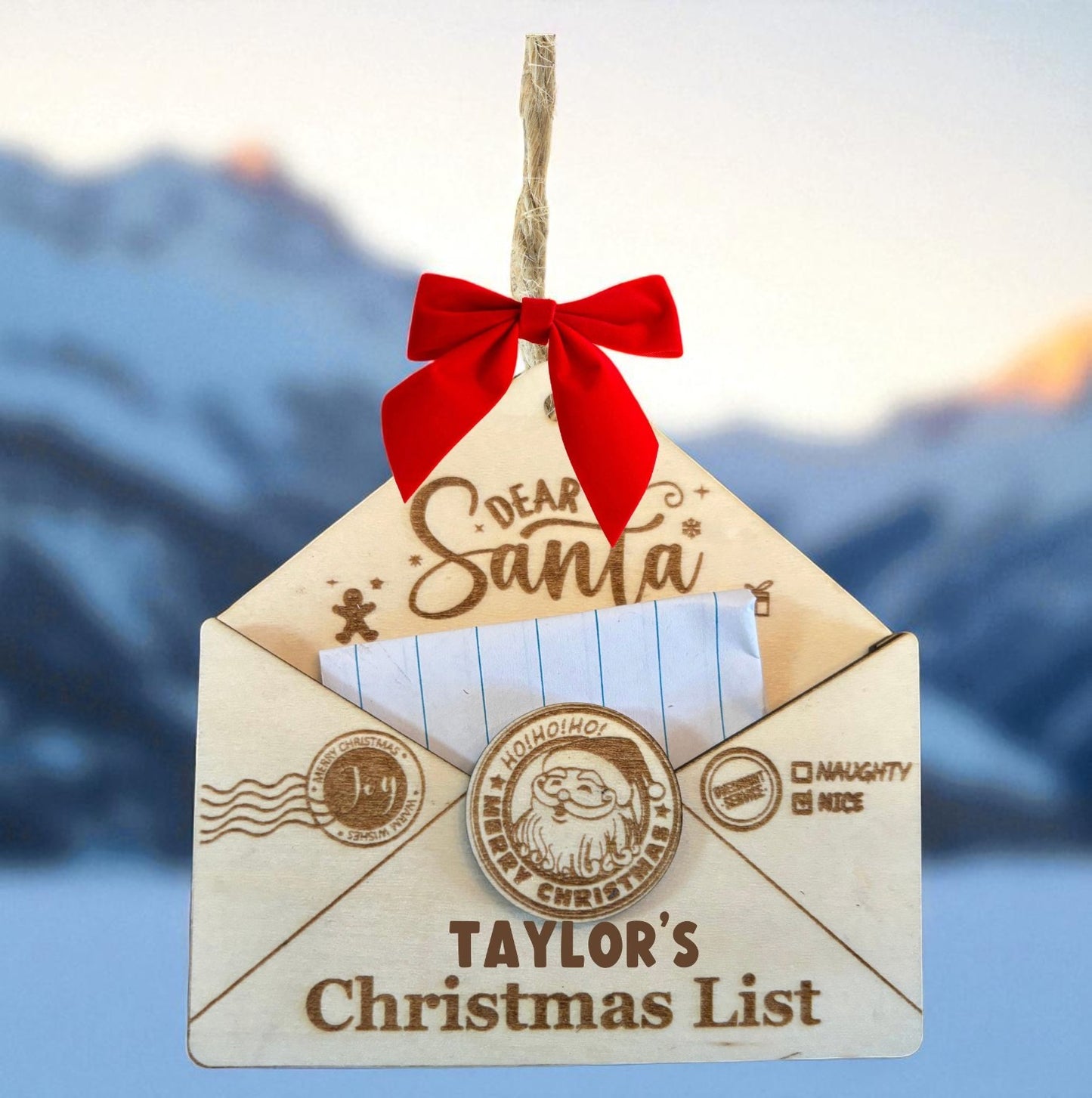 Personalized Santa Letter Ornament – Wooden Envelope Christmas Keepsake with Child’s Name, Gift Boxed, 4 Inch Handmade Decoration