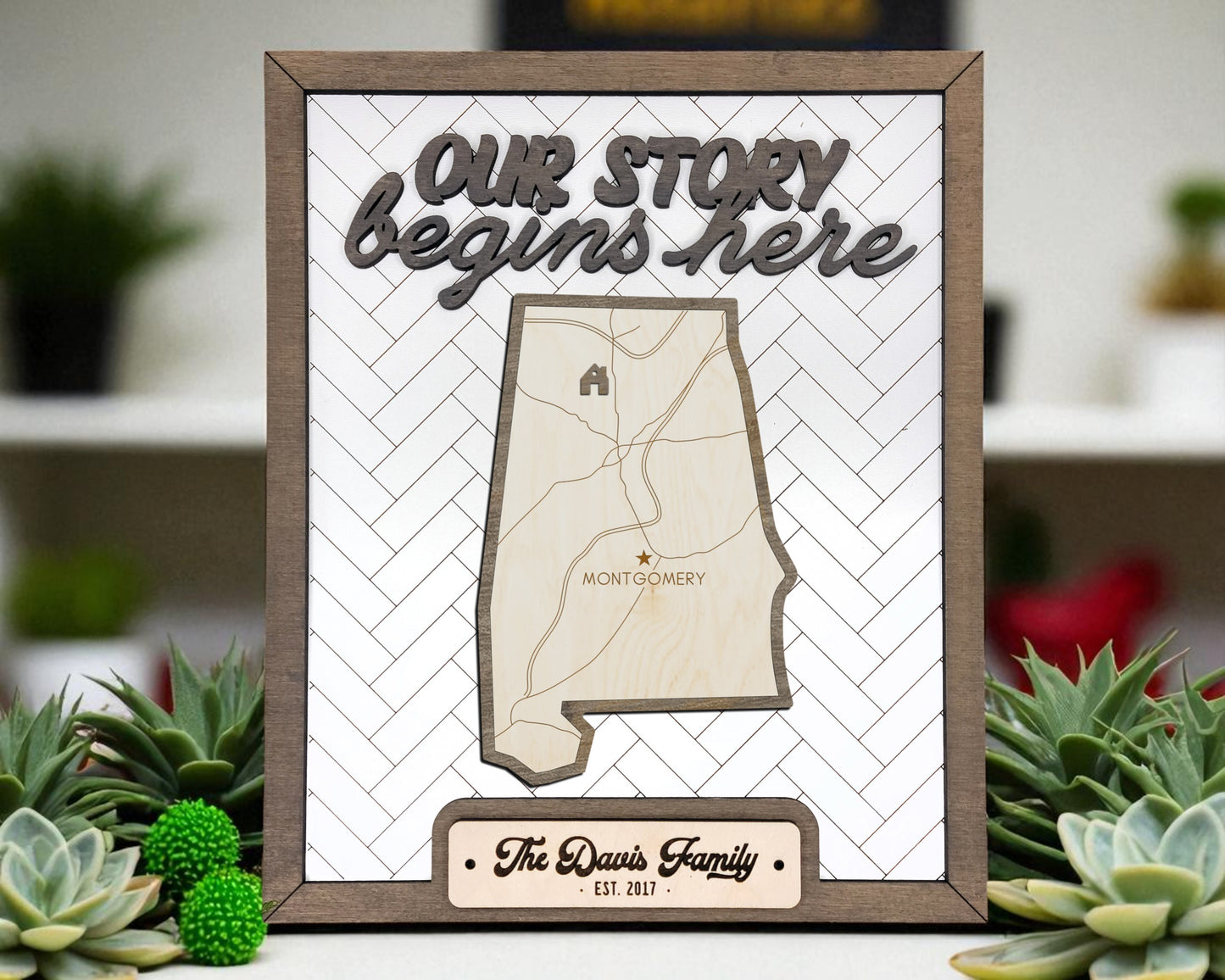Alabama Wood Sign – Our Story Begins Here Personalized State Plaque with Hometown Marker