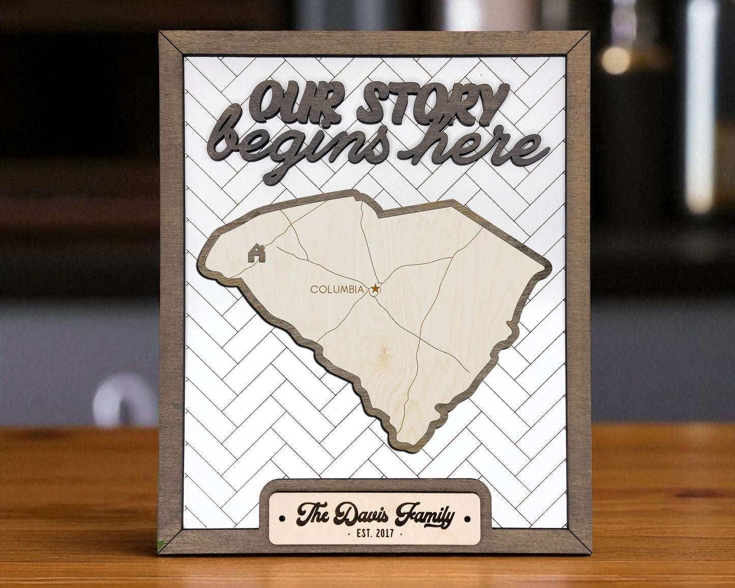 Personalized South Carolina “Our Story Begins Here” State Frame – Custom Name, 9x11 White Hand-Painted