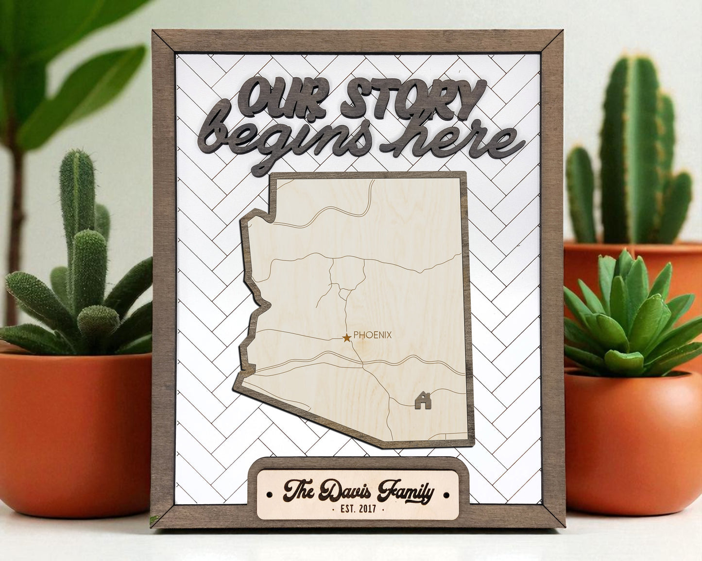 Personalized Arizona “Our Story Begins Here” State Frame – Custom Name, 9x11 White Hand-Painted