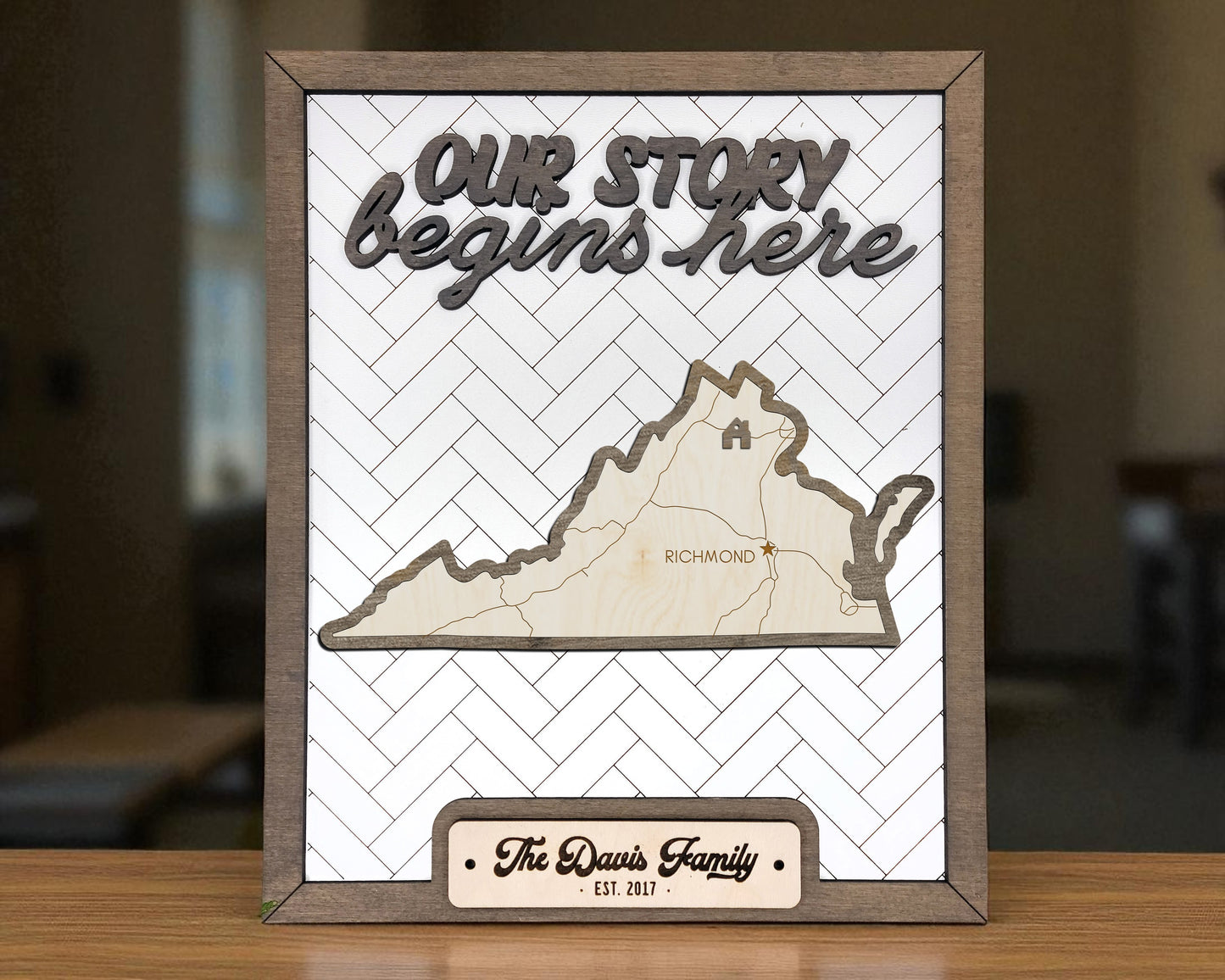 Personalized Virginia “Our Story Begins Here” State Frame – Custom Name, 9x11 White Hand-Painted