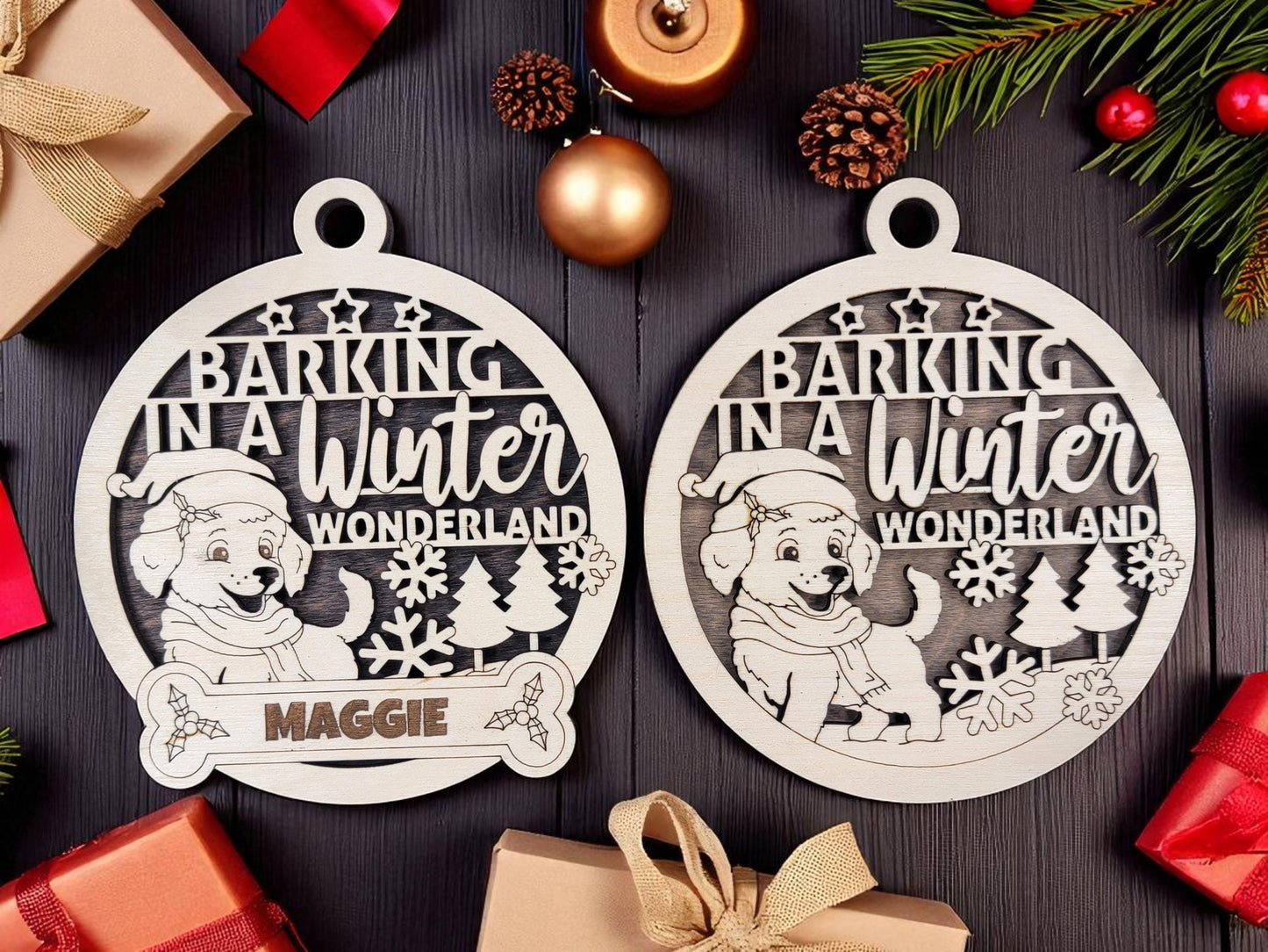Personalized Dog Christmas Ornament, Custom Pet Name, Hand Painted Wooden Holiday Keepsake, 4 Inch Tree Decoration, Gift Box Included, Free Shipping