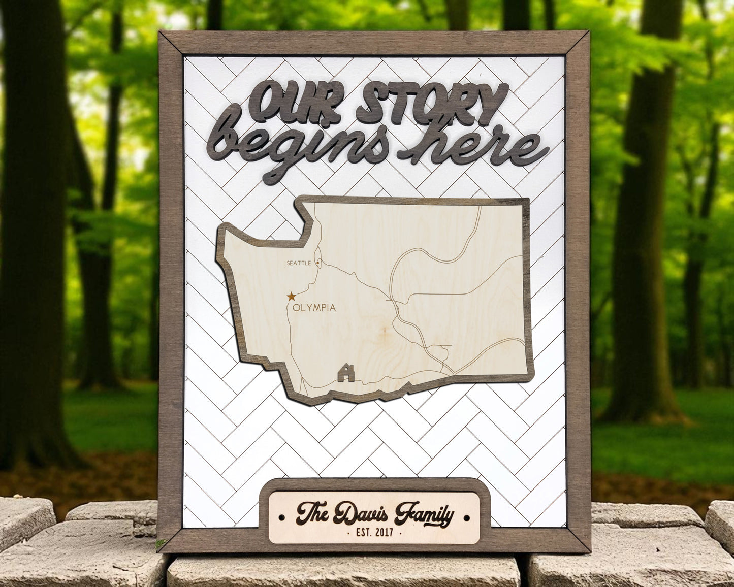 Washington “Our Story Begins Here” Wooden Sign – Personalized Family Name Gift with Easel – Rustic Home Decor