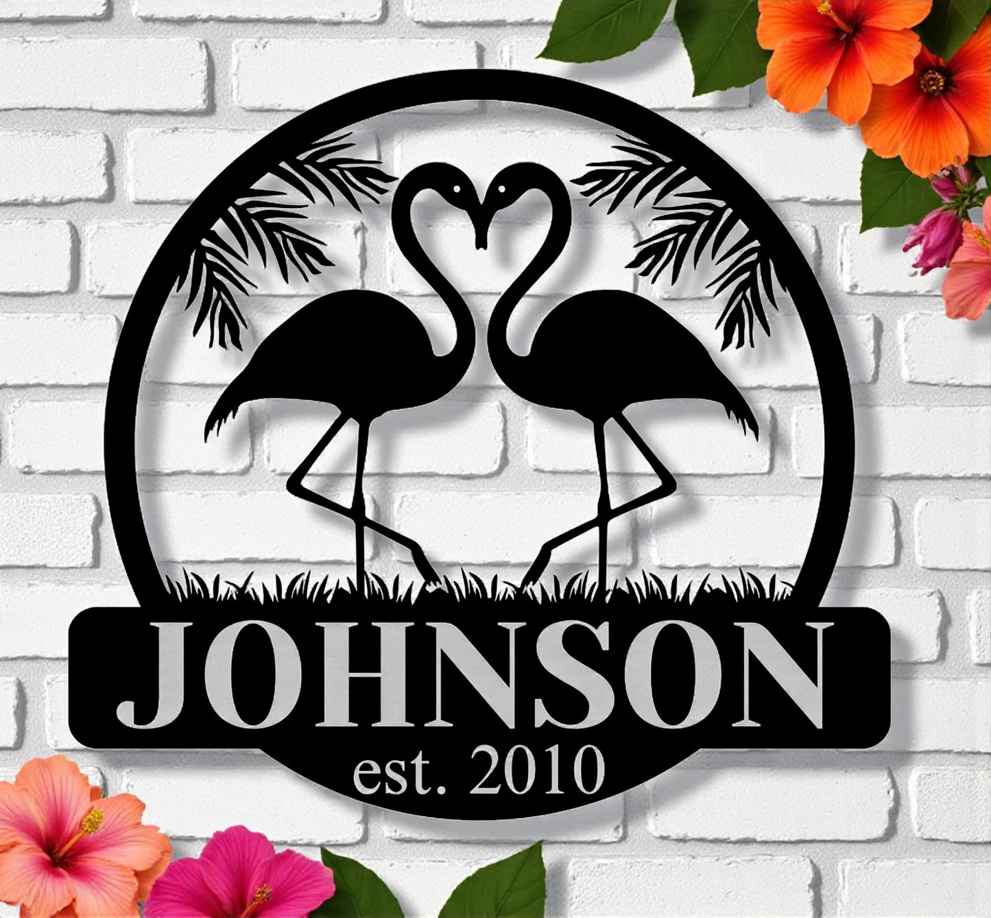 Flamingo Wall Art Monogram Family Name Metal Sign