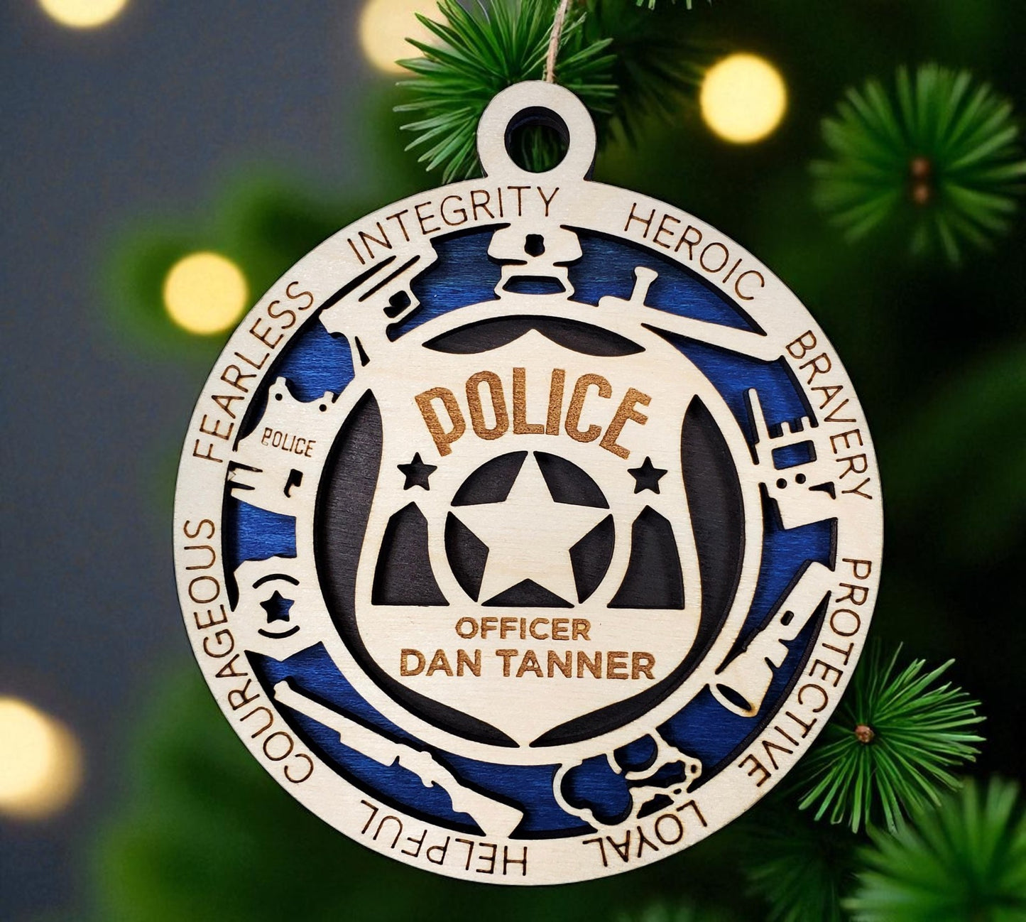 Personalized Policeman Ornament – Custom Wooden Police Badge Christmas Ornament, Handmade & Laser Engraved Gift for Officers