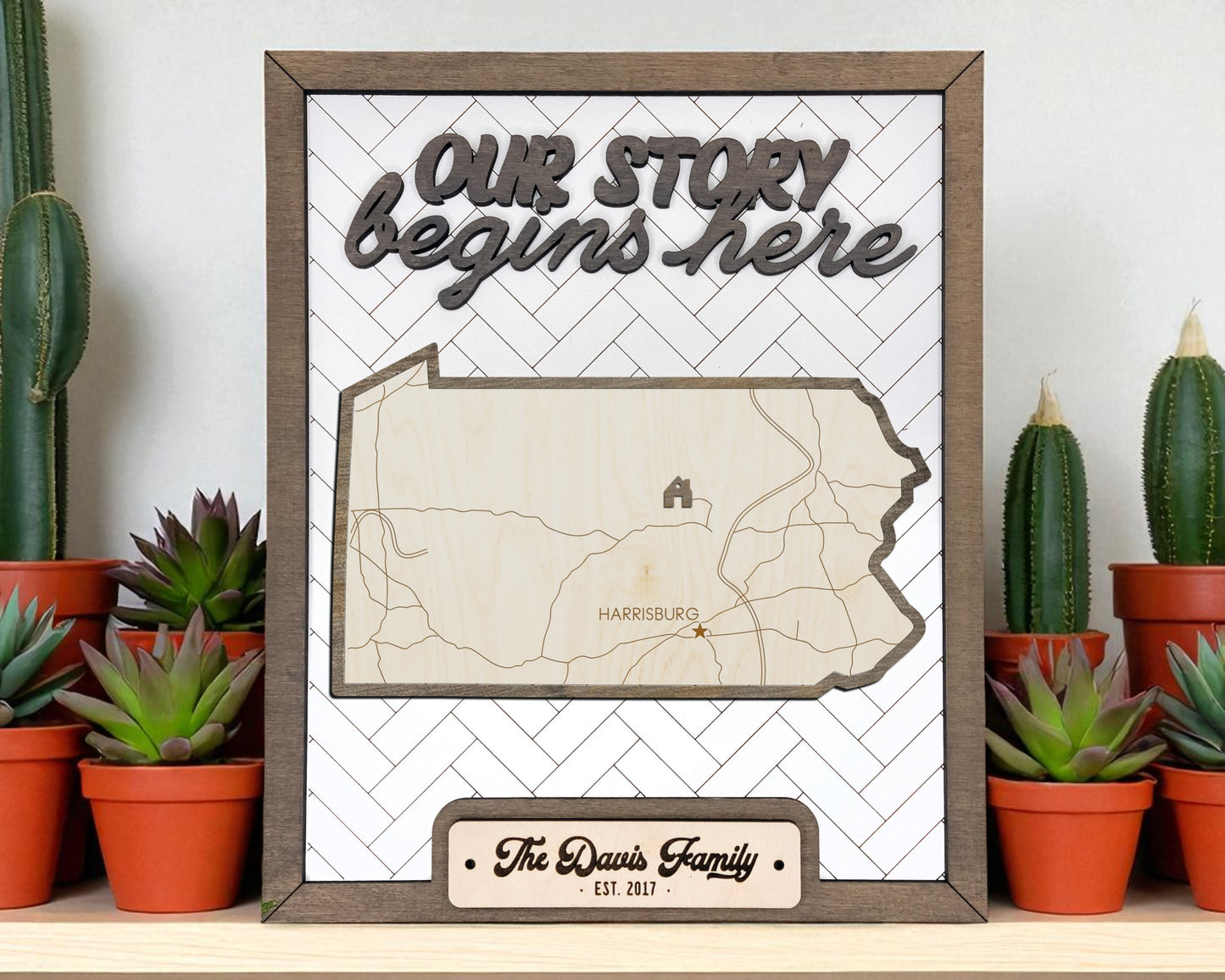 Pennsylvania “Our Story Begins Here” Wooden Sign – Personalized State Sign with Family Name – Rustic Gift with Easel