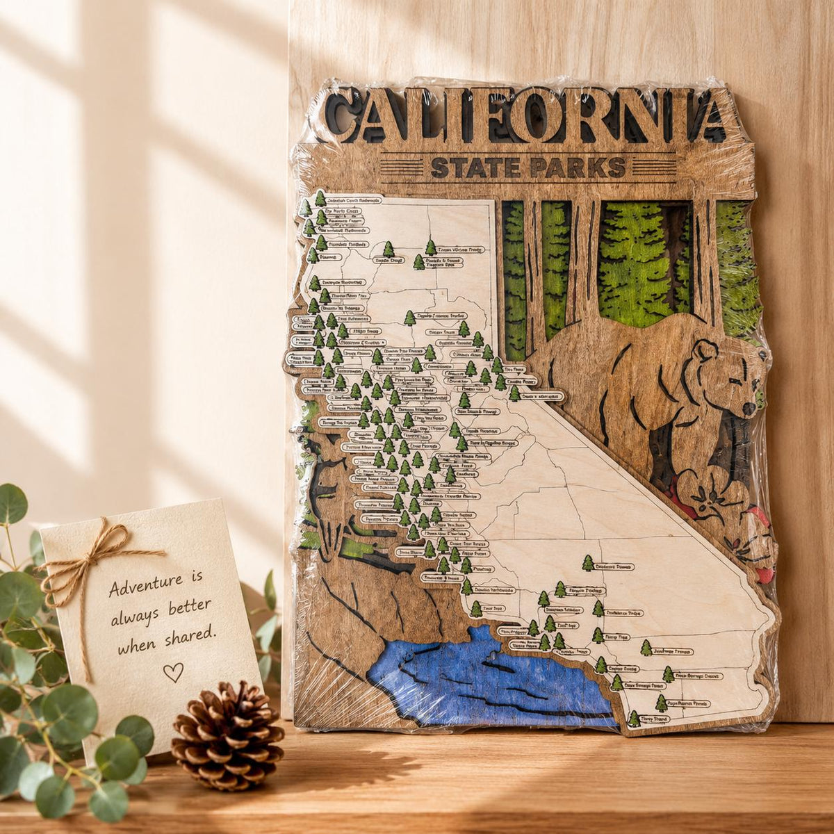 Engraved California state park names on layered wood map