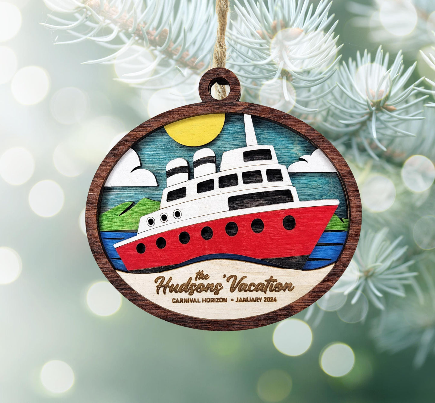 Custom Cruise Ship Christmas Ornament – Personalized 4" Wooden Keepsake with Ship Name, Cruise Dates & Family Name, Gift-Ready