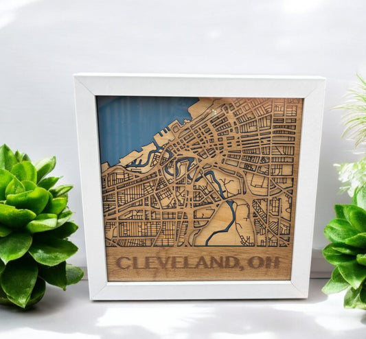 3D Cleveland Map Shadow Box – Laser Engraved Wall Art in White or Black Frame | 8x8 Cleveland Home Decor Gift