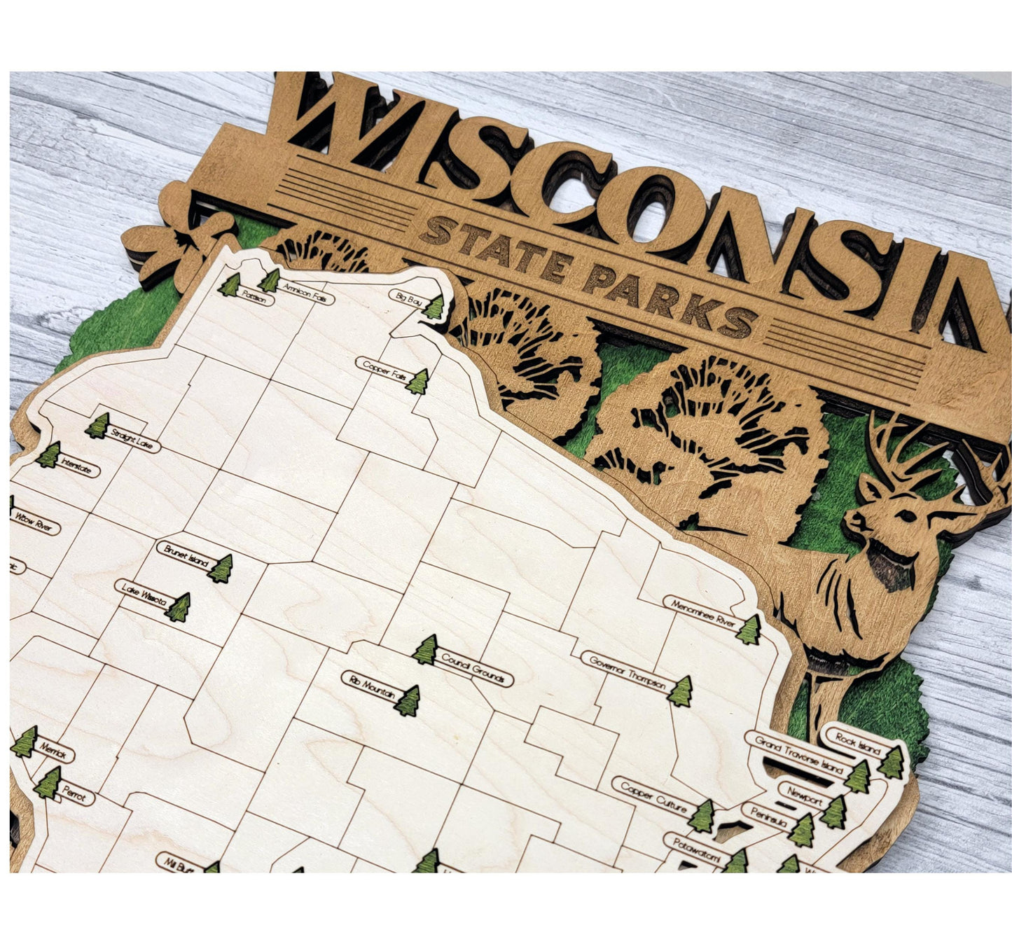 Wisconsin State Park Tracker Map – 12x20 Engraved Wood Wall Art | Personalized Nature Gift, Handmade in Ohio