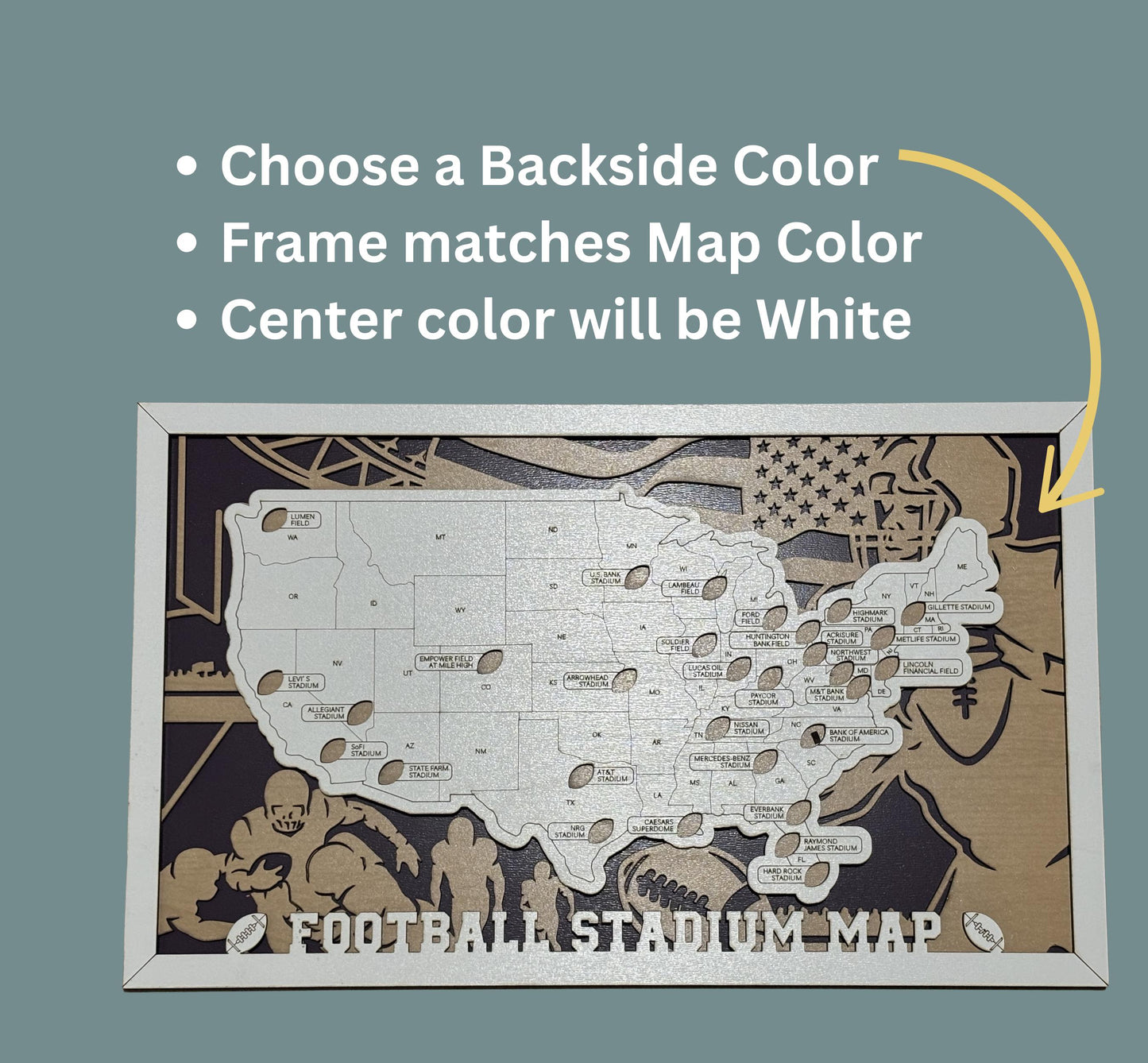 Football Stadium Tracker Map – 12x20 Laser Engraved Wood Wall Art with Custom Team-Inspired Background | Gift-Ready Sports Travel Display