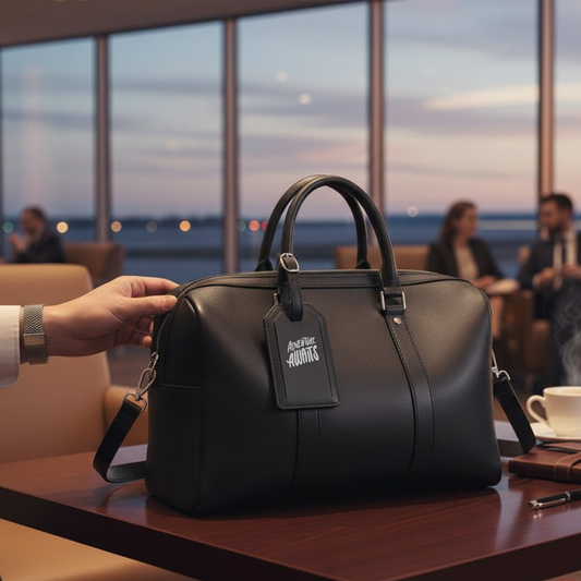 Adventure Leatherette Luggage Tag with Strap | Personalized Engraved Travel Tag | Monogram Backside | Gift Box Included