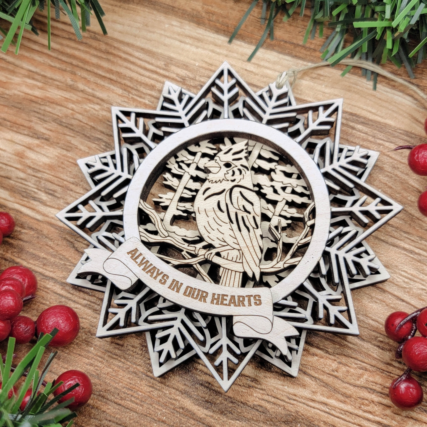Personalized Memorial Ornament with Cardinal – Custom Engraved Wooden Snowflake Keepsake