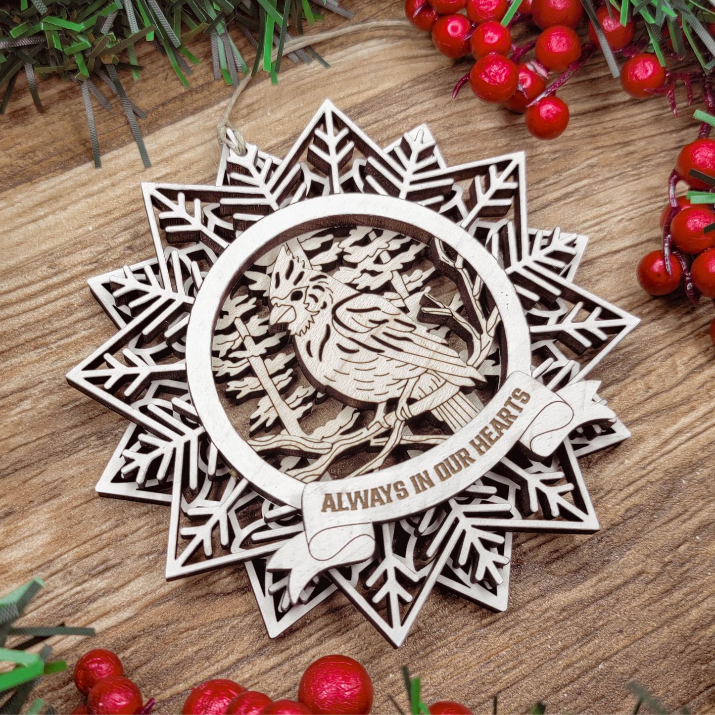 Personalized Memorial Ornament with Cardinal – Custom Engraved Wooden Snowflake Keepsake