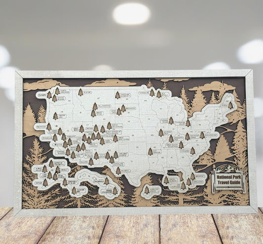National Park Travel Tracker Map – 12x20 Laser Engraved Wood Wall Art with Green Tree Icons | Rustic Nature Gift for Outdoor Lovers