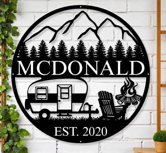 Personalized Camper Metal Wall Art – Custom Mountain Scene Steel Sign with Family Name