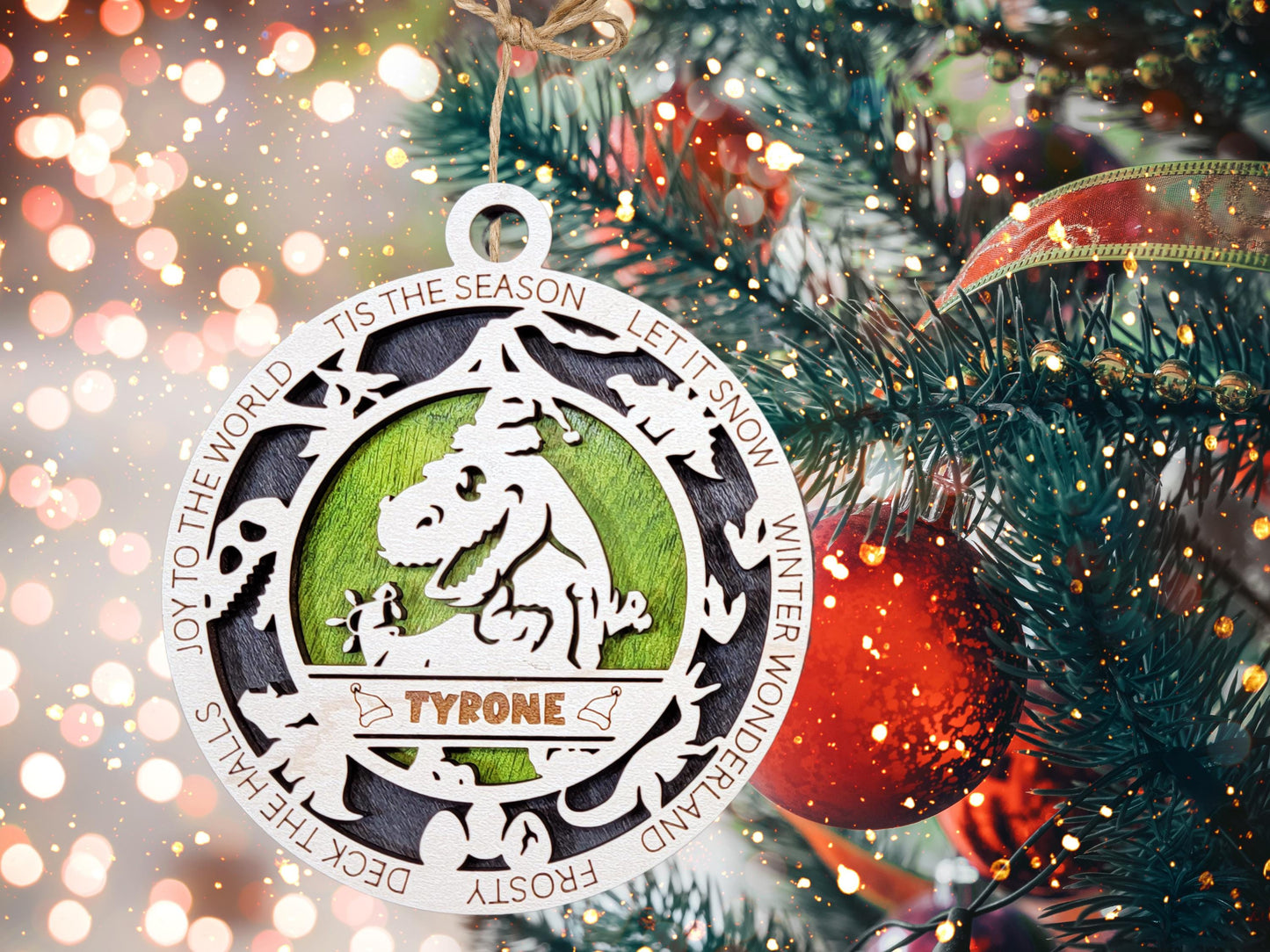 Personalized Dinosaur Christmas Ornament – Engraved Wooden Kids Gift