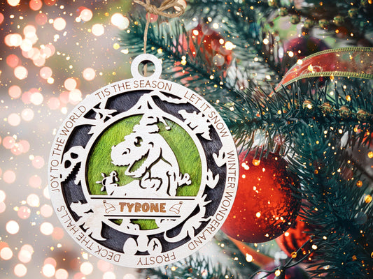 Personalized Dinosaur Christmas Ornament – Engraved Wooden Kids Gift