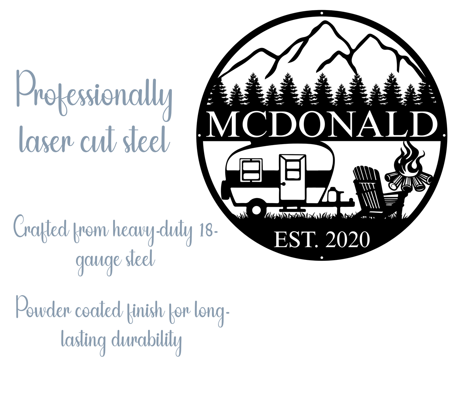 Personalized Camper Metal Wall Art – Custom Mountain Scene Steel Sign with Family Name