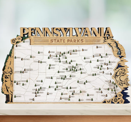 Pennsylvania State Park Tracker Map – 12x20 Laser Engraved Wood Wall Art with Tree Icons | Gift-Ready Display with Easel & Free Shipping